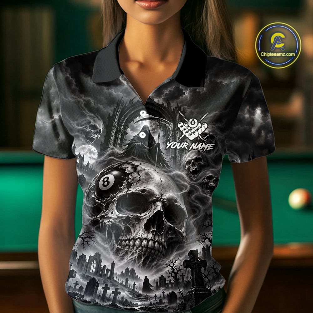 Grey Smoke Skull 8 Ball Billiard Shirts For Women Custom Gothic Pool Team Jersey Polo & 1/4 Zip TDM8098