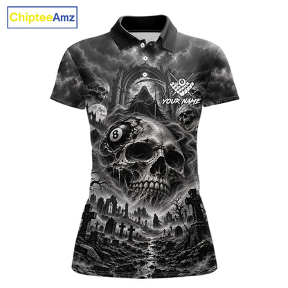 Grey Smoke Skull 8 Ball Billiard Shirts For Women Custom Gothic Pool Team Jersey Polo & 1/4 Zip TDM8098