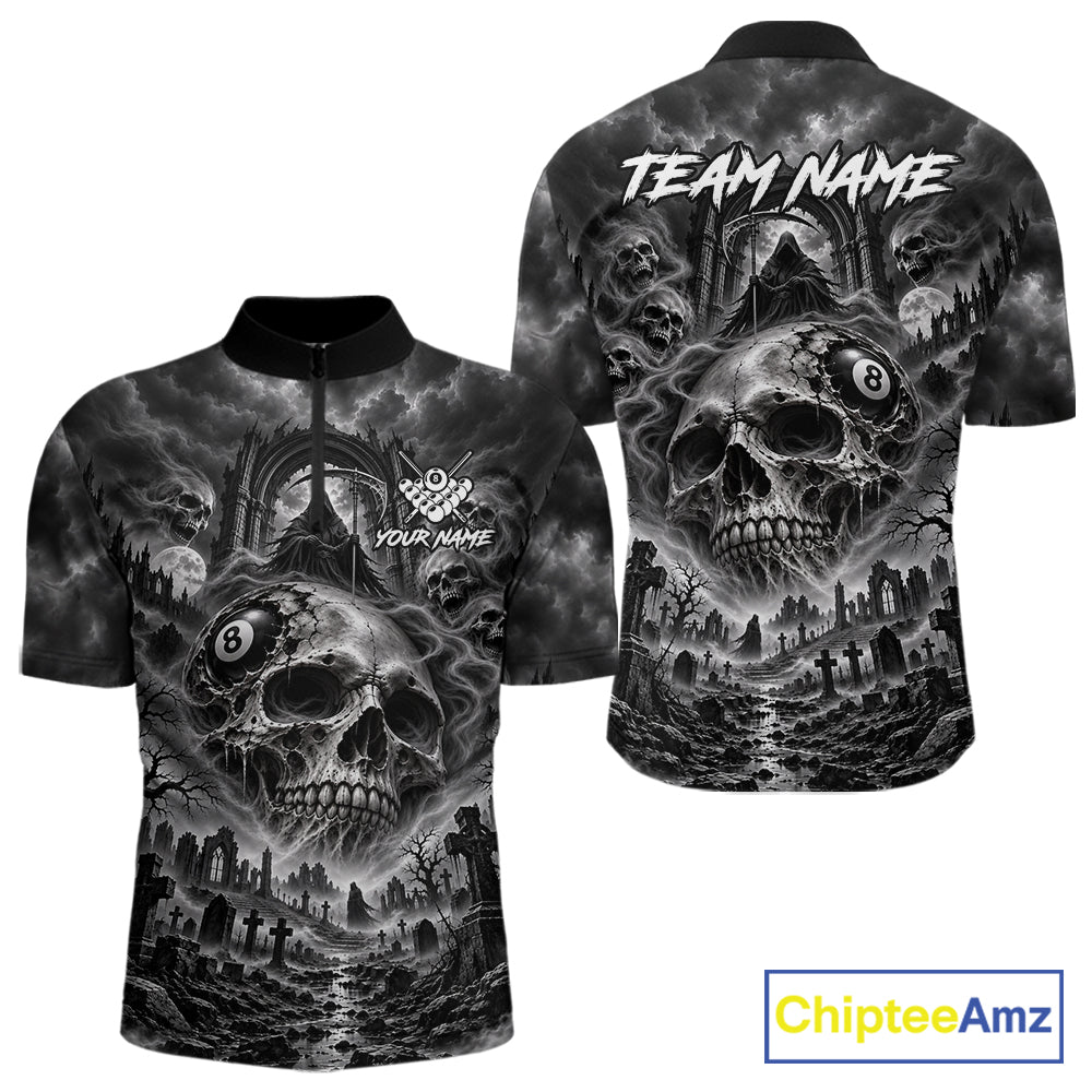 Grey Smoke Skull 8 Ball Billiard Shirts For Men Custom Gothic Pool Team Jersey Polo & 1/4 Zip TDM8098