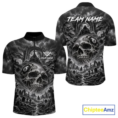 Grey Smoke Skull 8 Ball Billiard Shirts For Men Custom Gothic Pool Team Jersey Polo & 1/4 Zip TDM8098