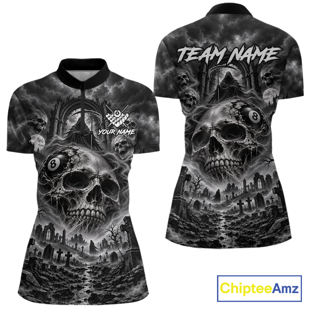 Grey Smoke Skull 8 Ball Billiard Shirts For Women Custom Gothic Pool Team Jersey Polo & 1/4 Zip TDM8098