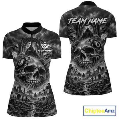 Grey Smoke Skull 8 Ball Billiard Shirts For Women Custom Gothic Pool Team Jersey Polo & 1/4 Zip TDM8098