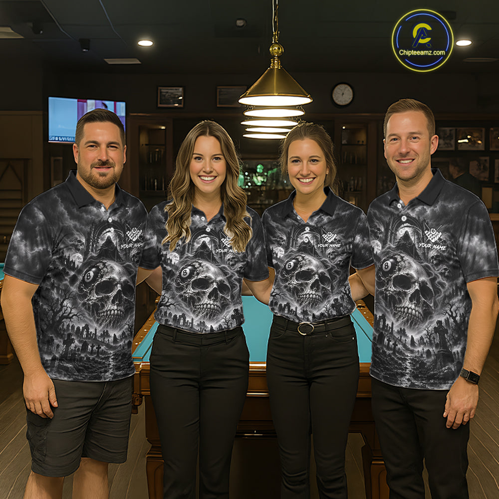 Grey Smoke Skull 8 Ball Billiard Shirts For Men Custom Gothic Pool Team Jersey Polo & 1/4 Zip TDM8098