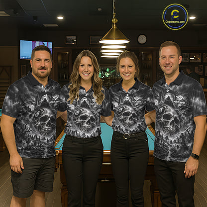 Grey Smoke Skull 8 Ball Billiard Shirts For Men Custom Gothic Pool Team Jersey Polo & 1/4 Zip TDM8098