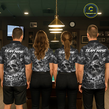 Grey Smoke Skull 8 Ball Billiard Shirts For Men Custom Gothic Pool Team Jersey Polo & 1/4 Zip TDM8098