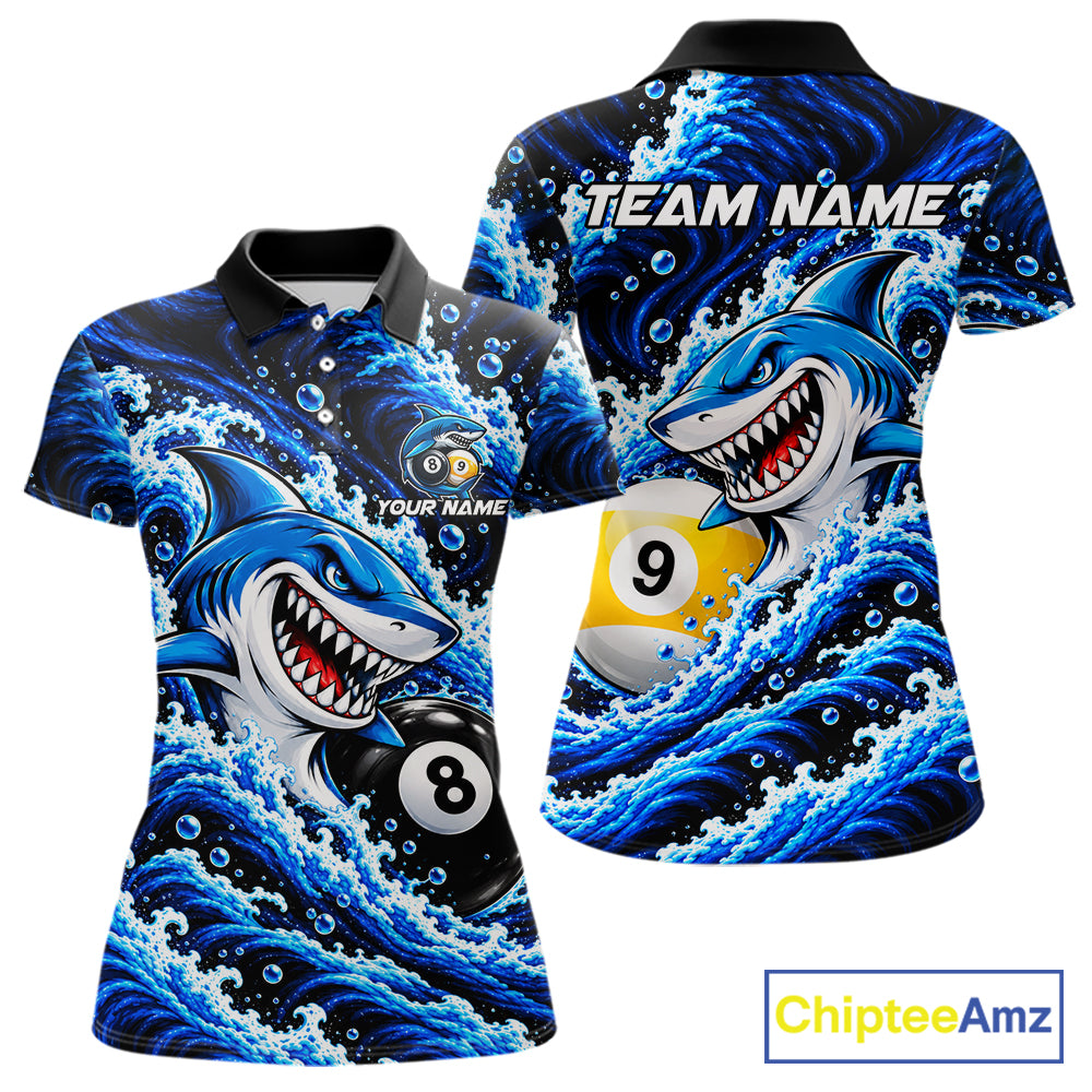 Blue Funny Shark Waving Billiard League Shirts For Women Custom 8 Ball & 9 Ball Pool Team Jersey TDM8099