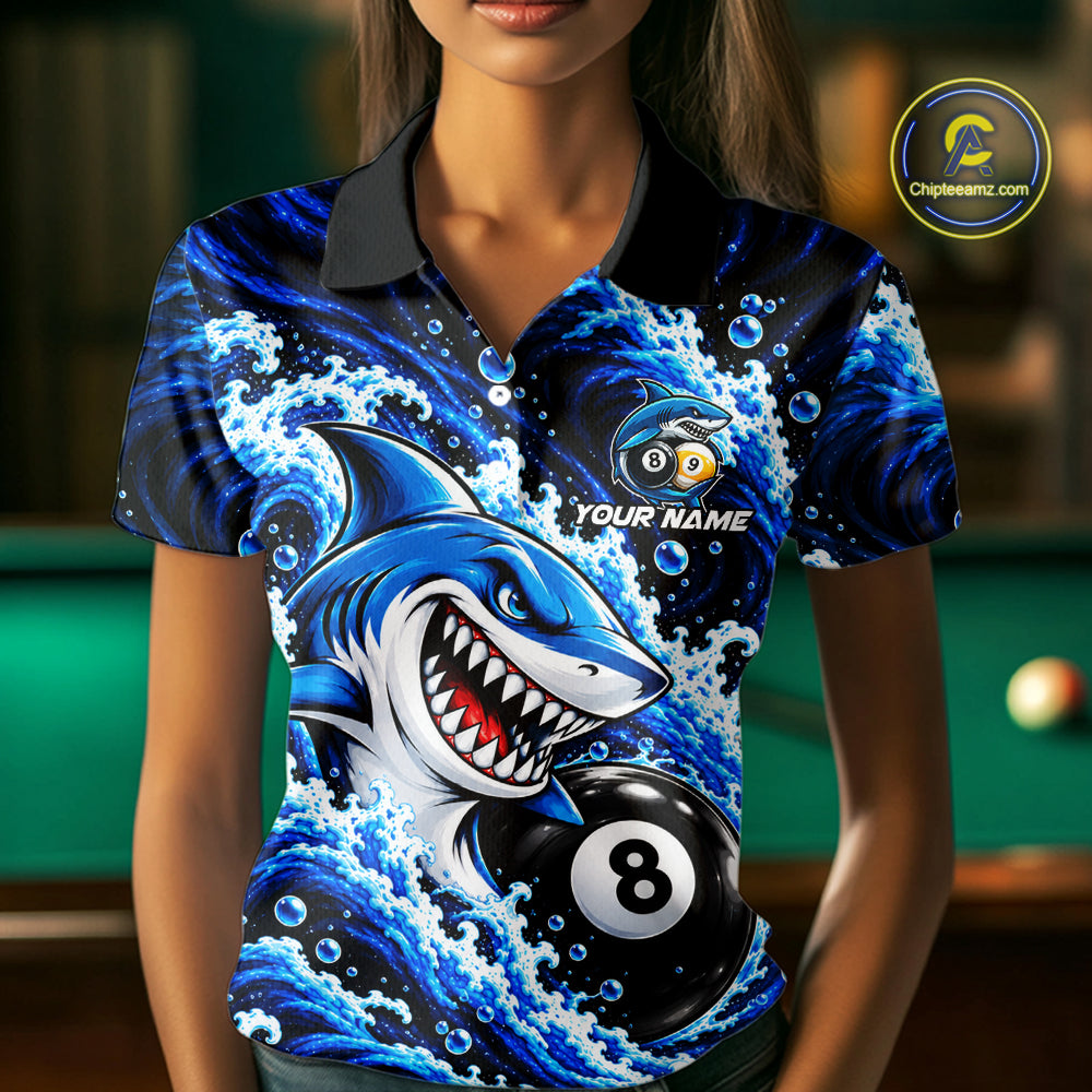 Blue Funny Shark Waving Billiard League Shirts For Women Custom 8 Ball & 9 Ball Pool Team Jersey TDM8099