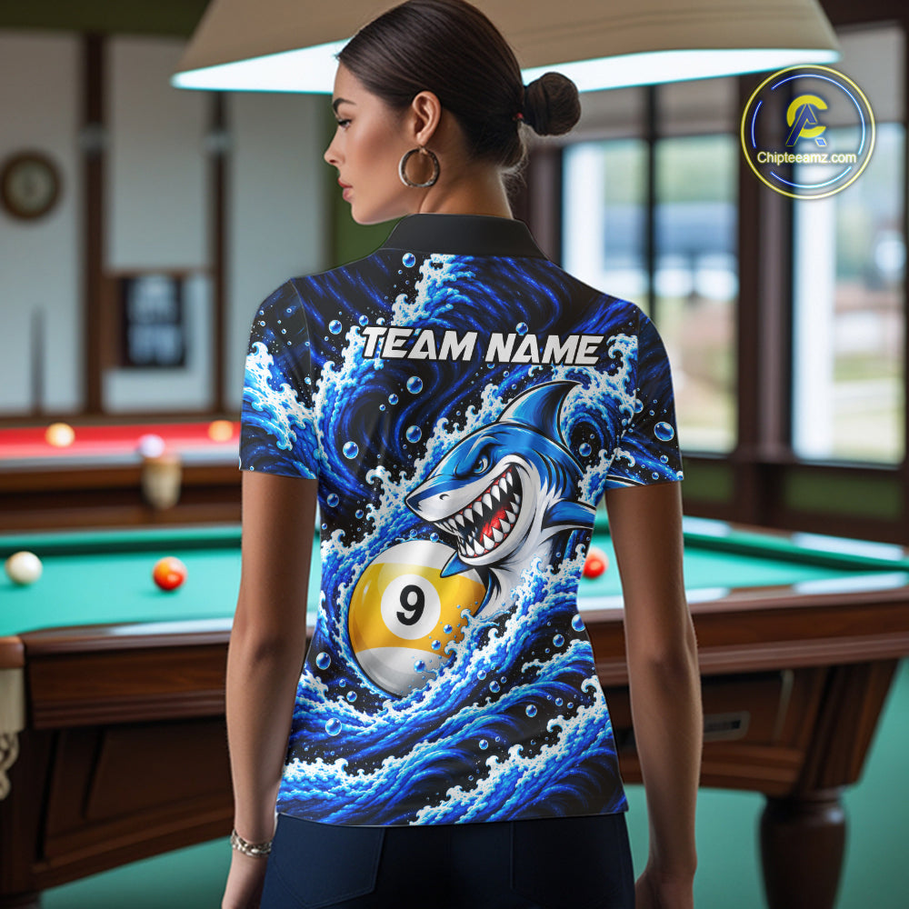 Blue Funny Shark Waving Billiard League Shirts For Women Custom 8 Ball & 9 Ball Pool Team Jersey TDM8099