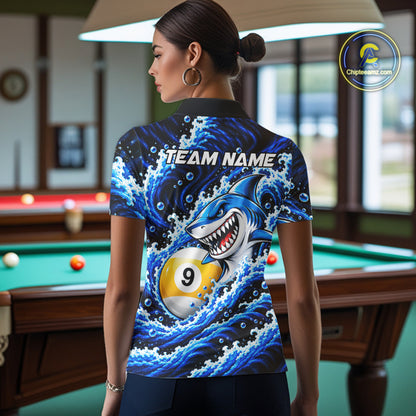 Blue Funny Shark Waving Billiard League Shirts For Women Custom 8 Ball & 9 Ball Pool Team Jersey TDM8099
