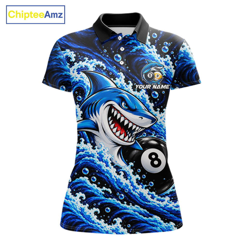 Blue Funny Shark Waving Billiard League Shirts For Women Custom 8 Ball & 9 Ball Pool Team Jersey TDM8099
