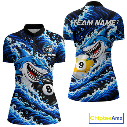 Blue Funny Shark Waving Billiard League Shirts For Women Custom 8 Ball & 9 Ball Pool Team Jersey TDM8099