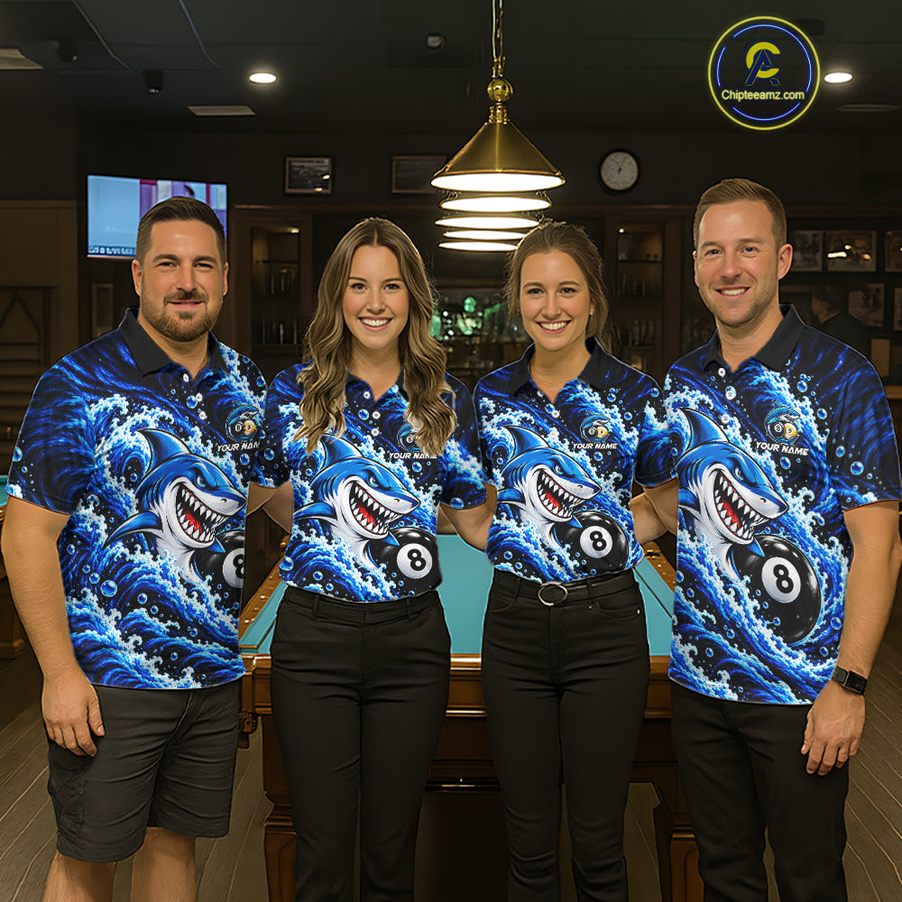 Blue Funny Shark Waving Billiard League Shirts For Women Custom 8 Ball & 9 Ball Pool Team Jersey TDM8099