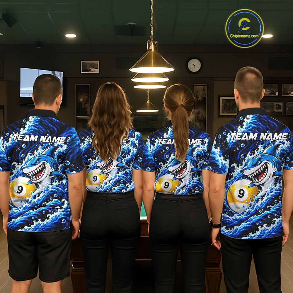 Blue Funny Shark Waving Billiard League Shirts For Women Custom 8 Ball & 9 Ball Pool Team Jersey TDM8099