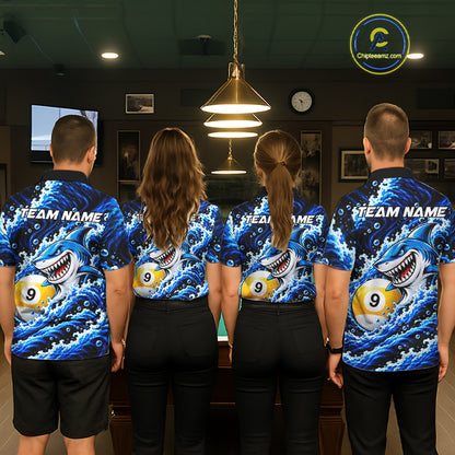 Blue Funny Shark Waving Billiard League Shirts For Women Custom 8 Ball & 9 Ball Pool Team Jersey TDM8099