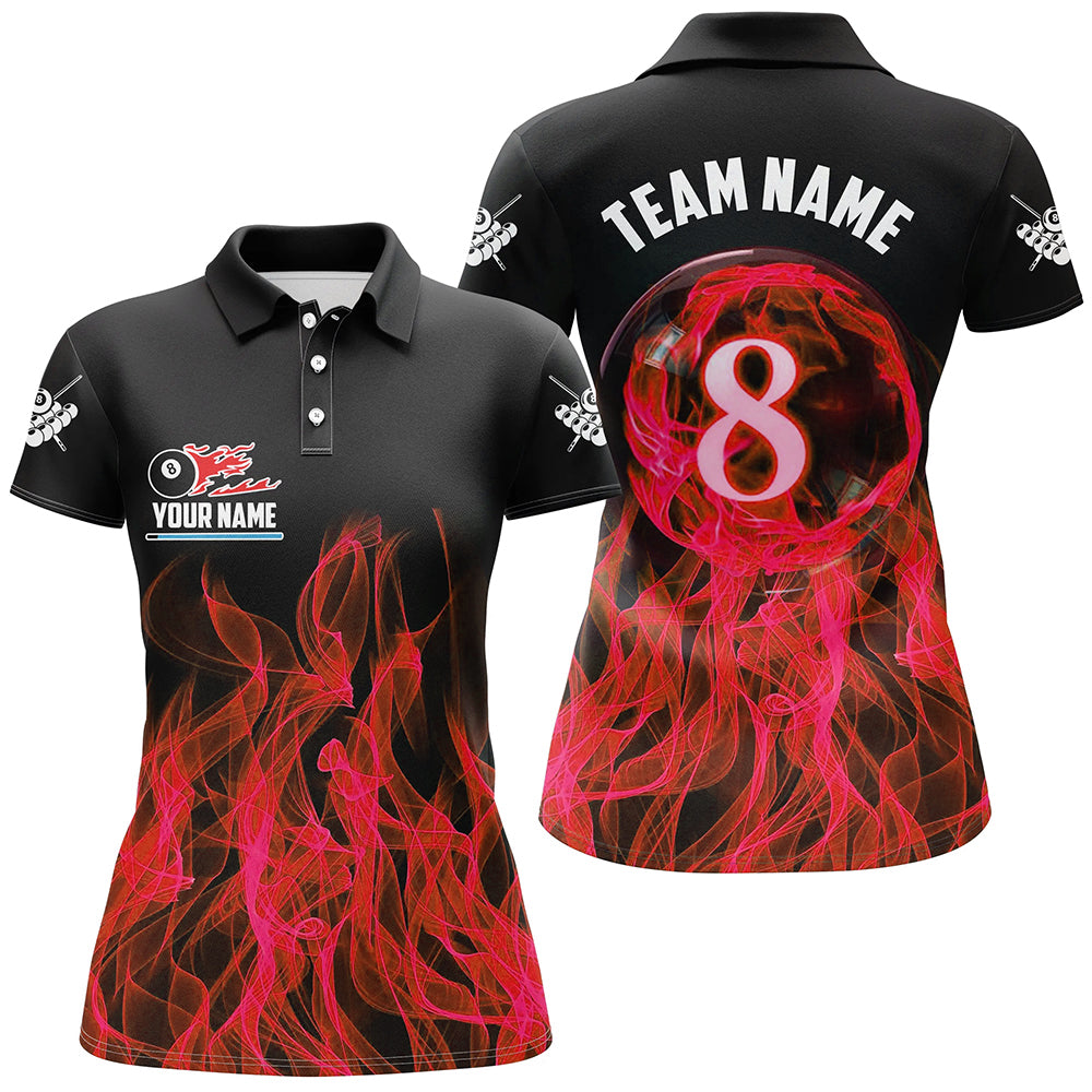 Red Flaming 8 Ball Pool Custom Women Billiard Polo & 1/4 Zip Shirts, 3D Pool Player Shirts Jerseys TDM2434