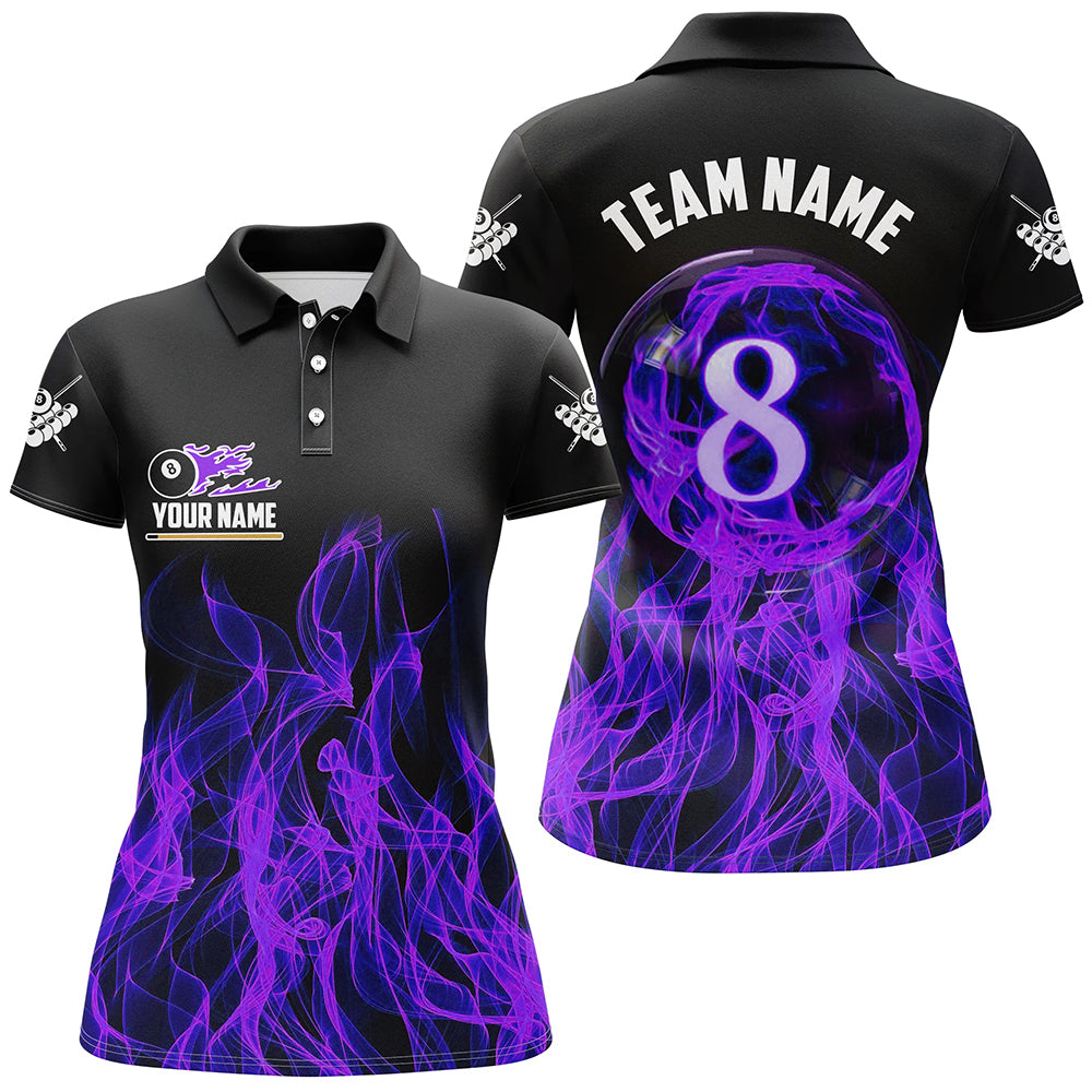 Purple Flaming 8 Ball Pool Custom Women Billiard Polo & 1/4 Zip Shirts, 3D Pool Player Shirts Jerseys TDM2435