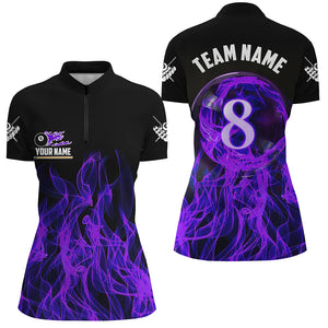 Purple Flaming 8 Ball Pool Custom Women Billiard Polo & 1/4 Zip Shirts, 3D Pool Player Shirts Jerseys TDM2435