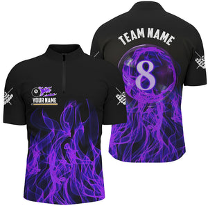 Purple Flaming 8 Ball Pool Custom Men Billiard Polo & 1/4 Zip Shirts, 3D Pool Player Shirts Jerseys TDM2435