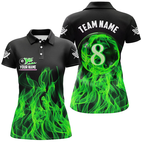 Green Flaming 8 Ball Pool Custom Women Billiard Polo & 1/4 Zip Shirts, 3D Pool Player Shirts Jerseys TDM2436