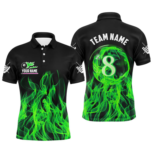 Green Flaming 8 Ball Pool Custom Men Billiard Polo & 1/4 Zip Shirts, 3D Pool Player Shirts Jerseys TDM2436