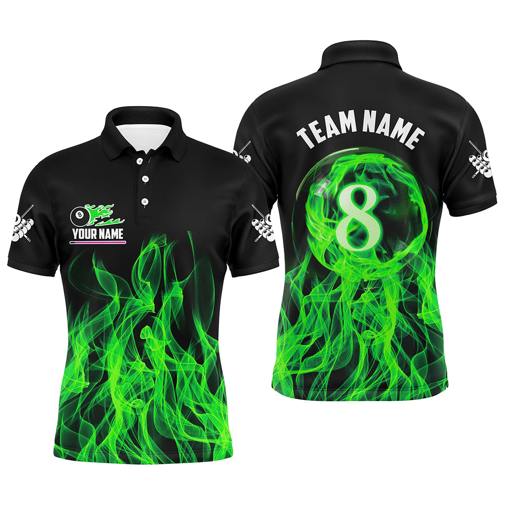 Green Flaming 8 Ball Pool Custom Men Billiard Polo & 1/4 Zip Shirts, 3D Pool Player Shirts Jerseys TDM2436