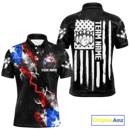 Personalized Smoke Puerto Rico US Flag Bowling Shirt For Men Custom Patriotic Bowling Team Jersey TDM7448