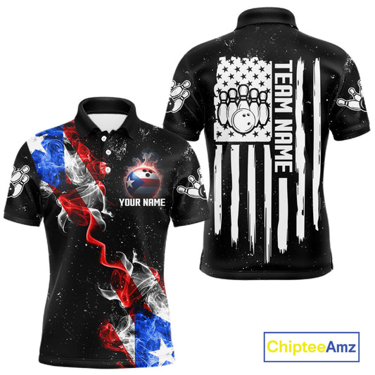 Personalized Smoke Puerto Rico US Flag Bowling Shirt For Men Custom Patriotic Bowling Team Jersey TDM7448