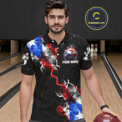 Personalized Smoke Puerto Rico US Flag Bowling Shirt For Men Custom Patriotic Bowling Team Jersey TDM7448