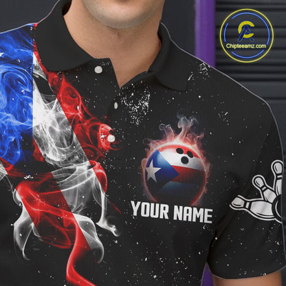 Personalized Smoke Puerto Rico US Flag Bowling Shirt For Men Custom Patriotic Bowling Team Jersey TDM7448