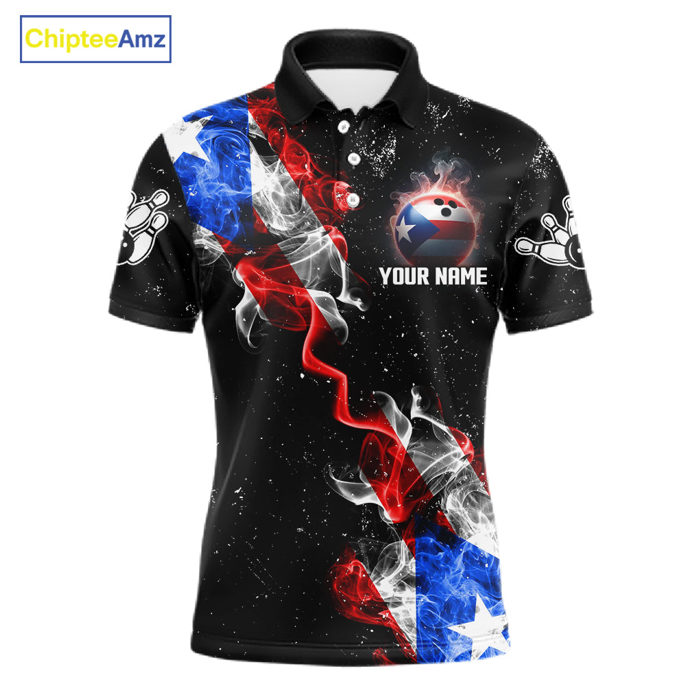Personalized Smoke Puerto Rico US Flag Bowling Shirt For Men Custom Patriotic Bowling Team Jersey TDM7448