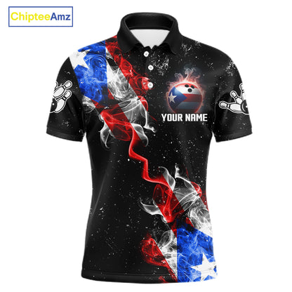 Personalized Smoke Puerto Rico US Flag Bowling Shirt For Men Custom Patriotic Bowling Team Jersey TDM7448