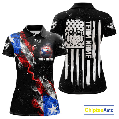 Personalized Smoke Puerto Rico US Flag Bowling Shirt For Women Custom Patriotic Bowling Team Jersey TDM7448