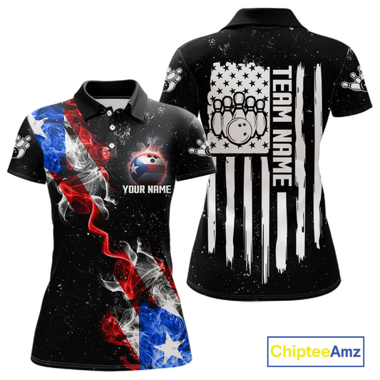 Personalized Smoke Puerto Rico US Flag Bowling Shirt For Women Custom Patriotic Bowling Team Jersey TDM7448