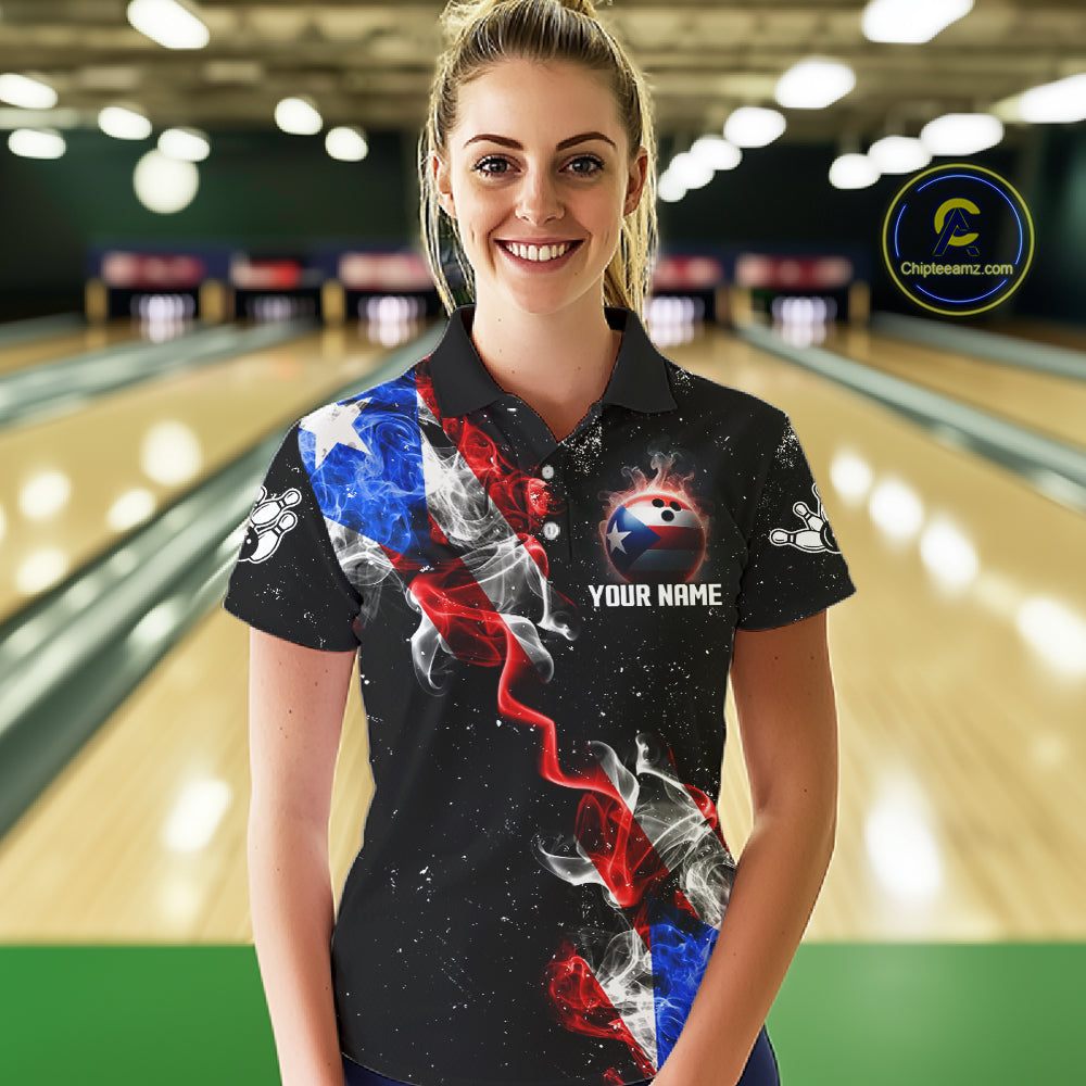 Personalized Smoke Puerto Rico US Flag Bowling Shirt For Women Custom Patriotic Bowling Team Jersey TDM7448