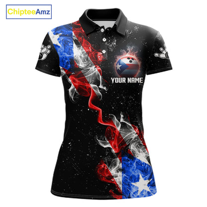Personalized Smoke Puerto Rico US Flag Bowling Shirt For Women Custom Patriotic Bowling Team Jersey TDM7448