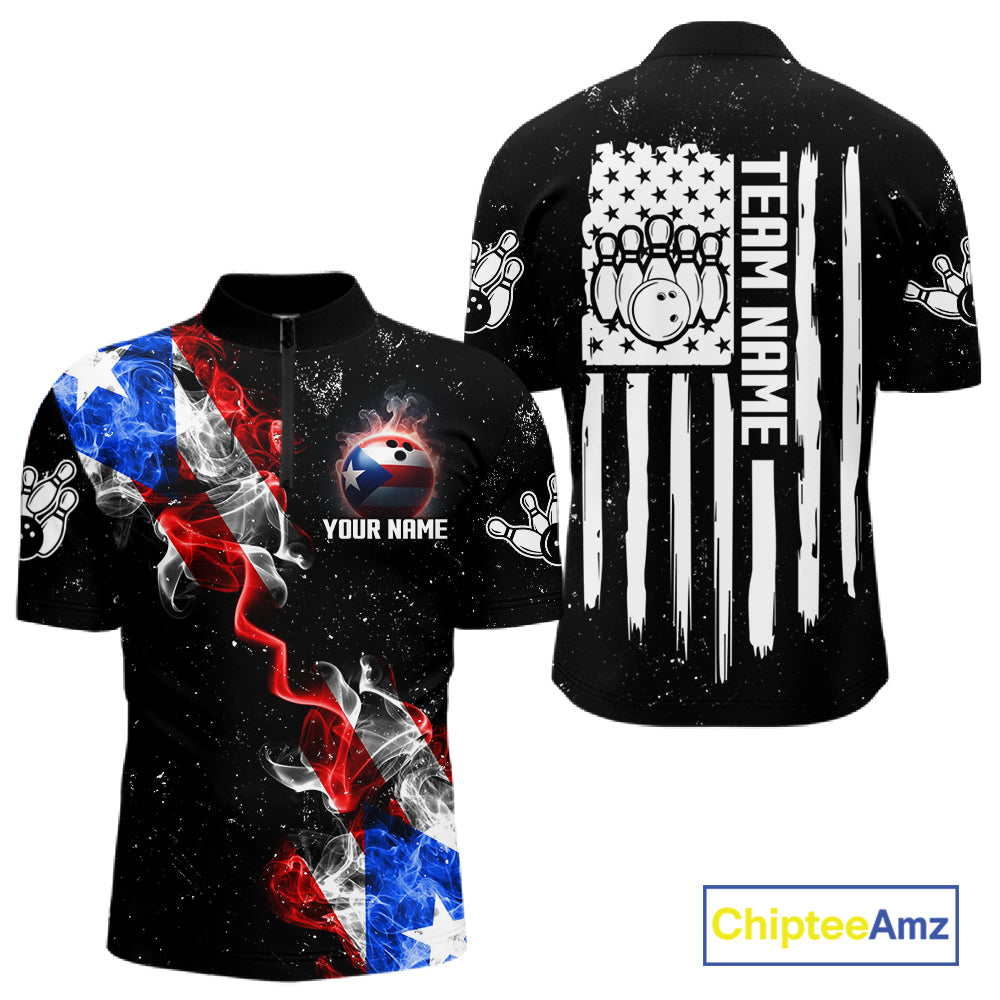 Personalized Smoke Puerto Rico US Flag Bowling Shirt For Men Custom Patriotic Bowling Team Jersey TDM7448