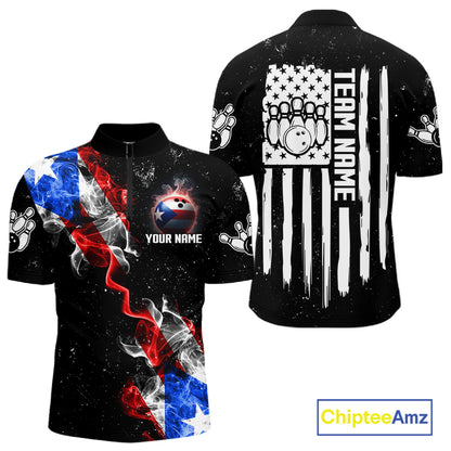 Personalized Smoke Puerto Rico US Flag Bowling Shirt For Men Custom Patriotic Bowling Team Jersey TDM7448