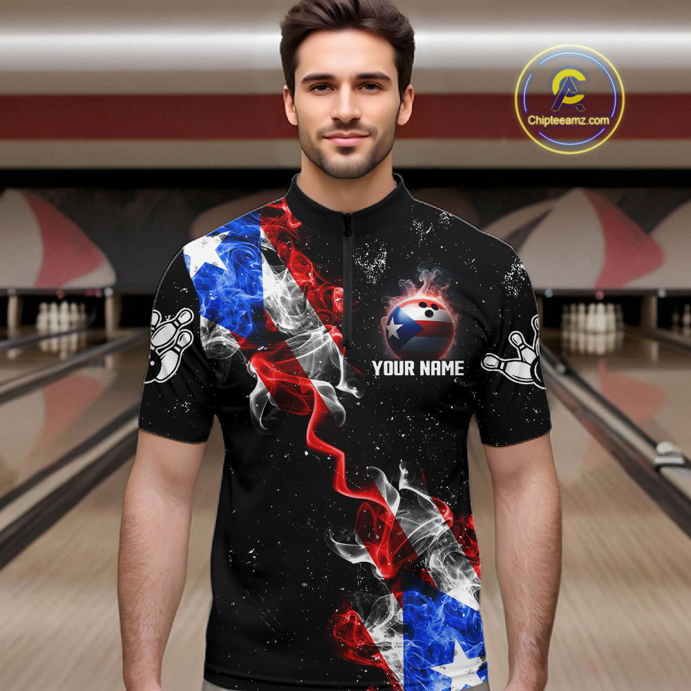 Personalized Smoke Puerto Rico US Flag Bowling Shirt For Men Custom Patriotic Bowling Team Jersey TDM7448