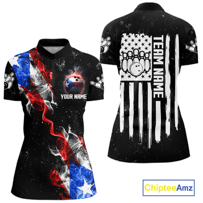 Personalized Smoke Puerto Rico US Flag Bowling Shirt For Women Custom Patriotic Bowling Team Jersey TDM7448