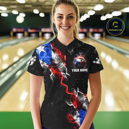 Personalized Smoke Puerto Rico US Flag Bowling Shirt For Women Custom Patriotic Bowling Team Jersey TDM7448