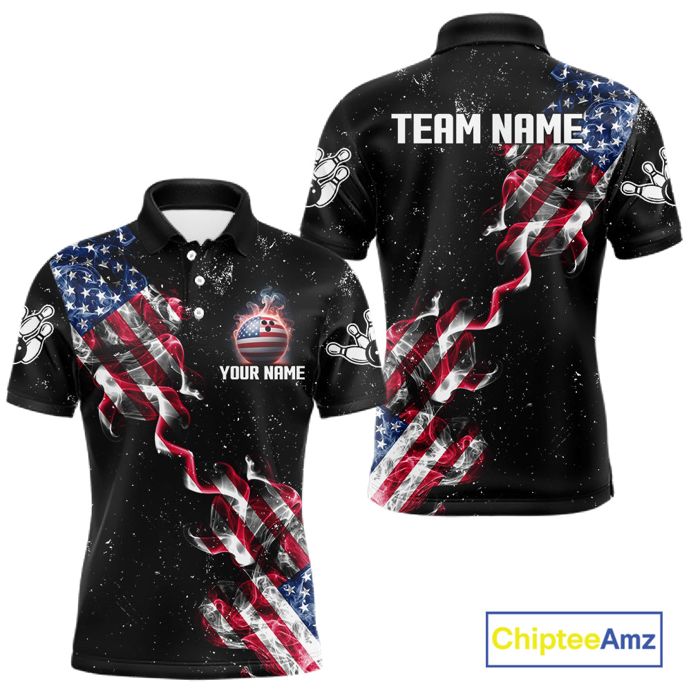 Personalized American Flag Smoke Bowling Shirt For Men Custom Patriotic Bowling Team Jersey TDM7449