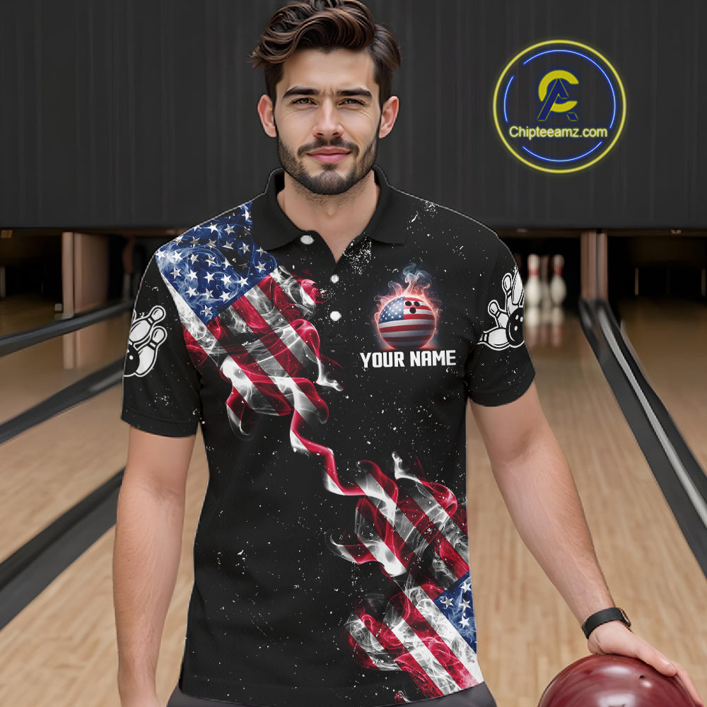 Personalized American Flag Smoke Bowling Shirt For Men Custom Patriotic Bowling Team Jersey TDM7449