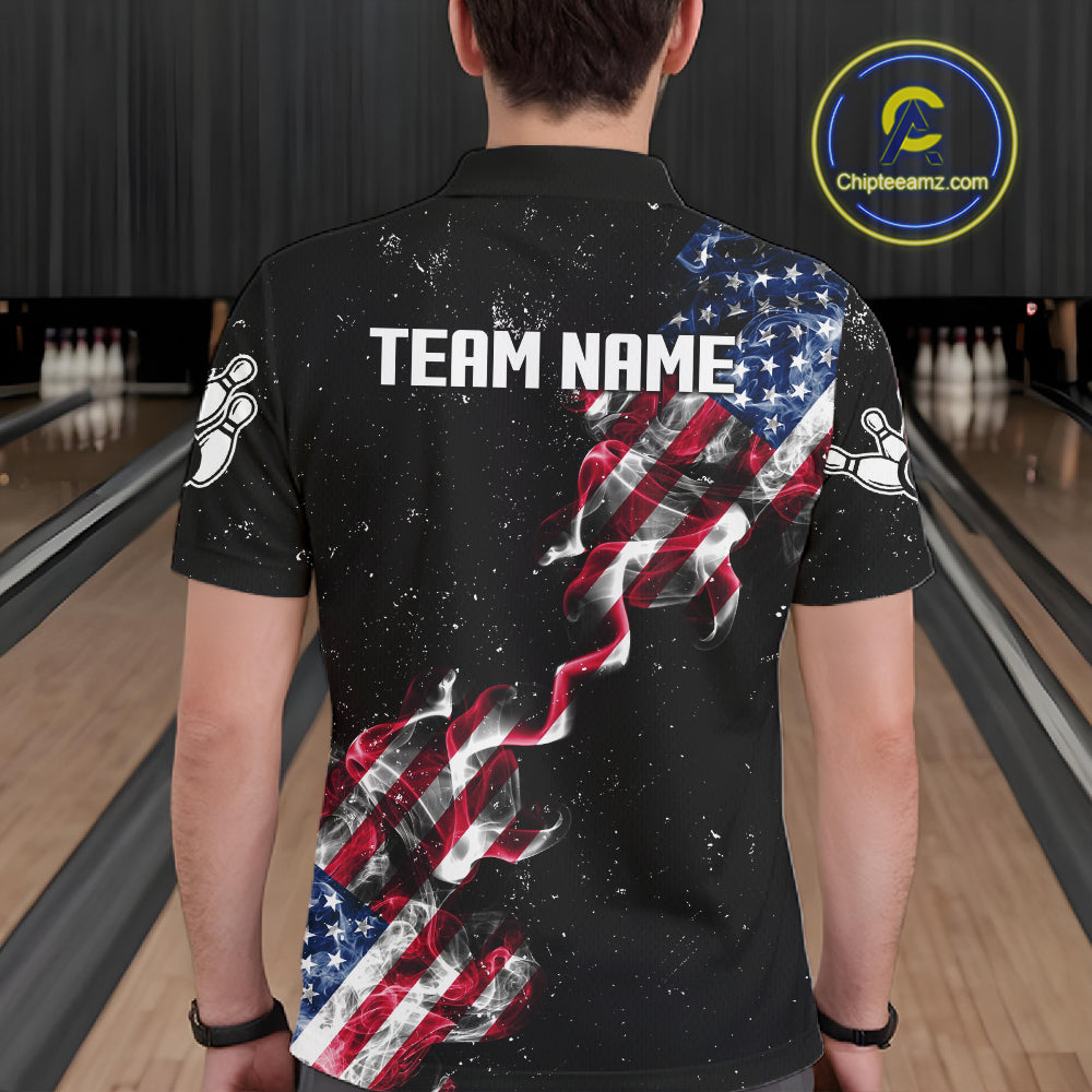 Personalized American Flag Smoke Bowling Shirt For Men Custom Patriotic Bowling Team Jersey TDM7449