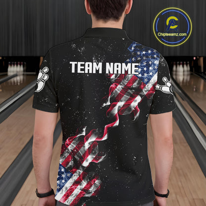 Personalized American Flag Smoke Bowling Shirt For Men Custom Patriotic Bowling Team Jersey TDM7449