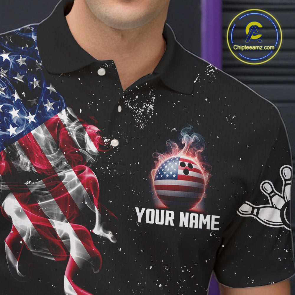 Personalized American Flag Smoke Bowling Shirt For Men Custom Patriotic Bowling Team Jersey TDM7449