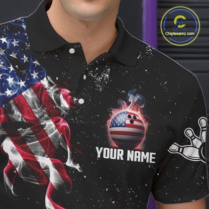 Personalized American Flag Smoke Bowling Shirt For Men Custom Patriotic Bowling Team Jersey TDM7449
