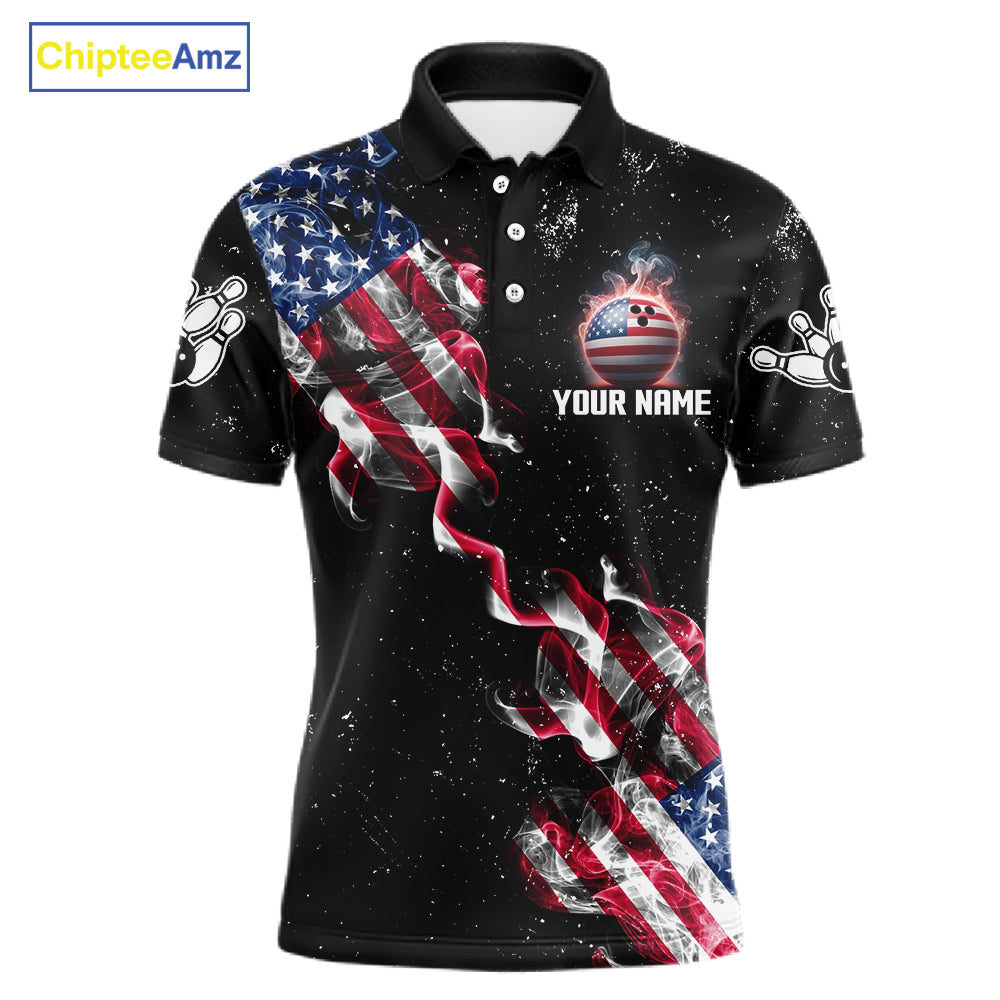 Personalized American Flag Smoke Bowling Shirt For Men Custom Patriotic Bowling Team Jersey TDM7449