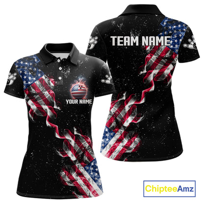 Personalized American Flag Smoke Bowling Shirt For Women Custom Patriotic Bowling Team Jersey TDM7449