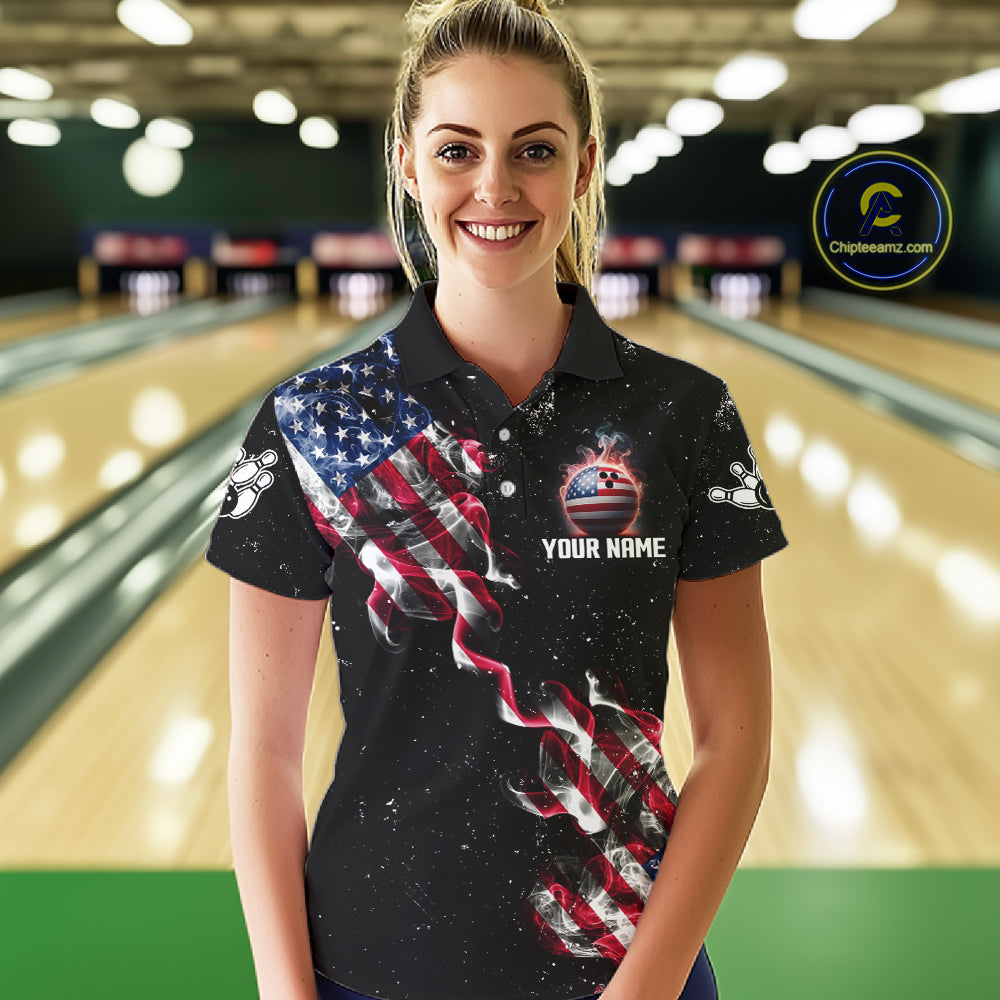 Personalized American Flag Smoke Bowling Shirt For Women Custom Patriotic Bowling Team Jersey TDM7449