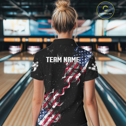 Personalized American Flag Smoke Bowling Shirt For Women Custom Patriotic Bowling Team Jersey TDM7449